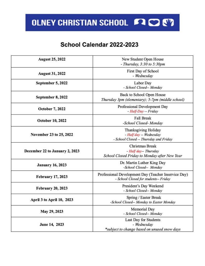 Academic Calendar – Olney Christian School