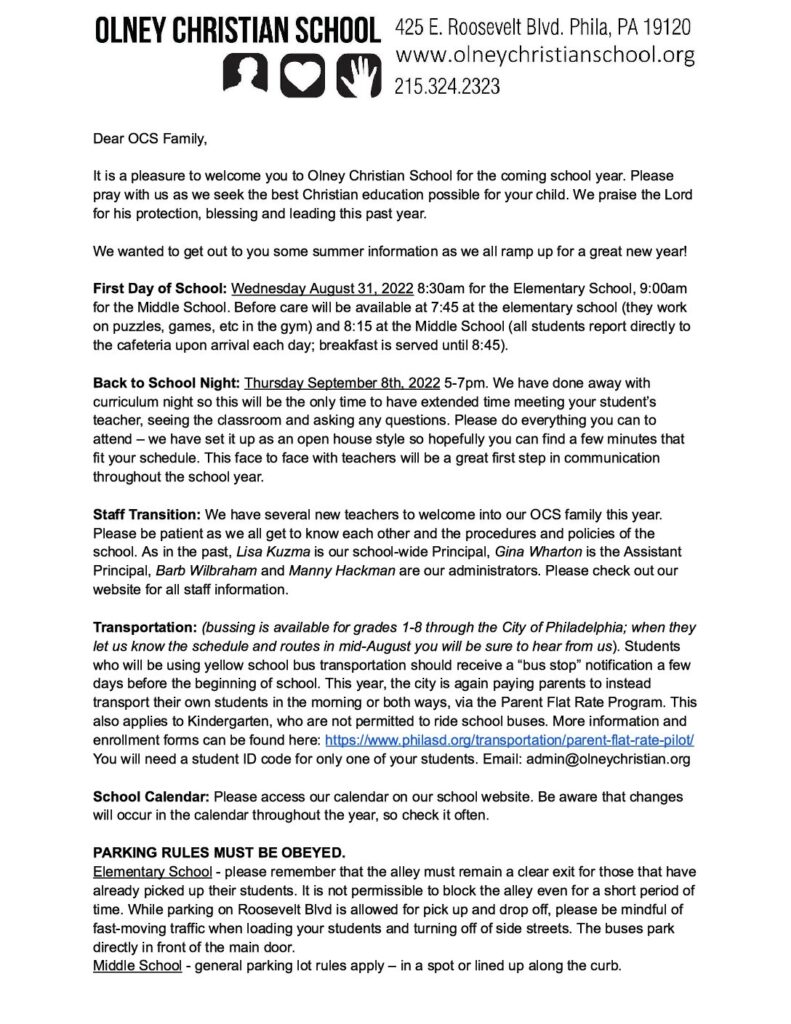 Summer Info Sheet Olney Christian School